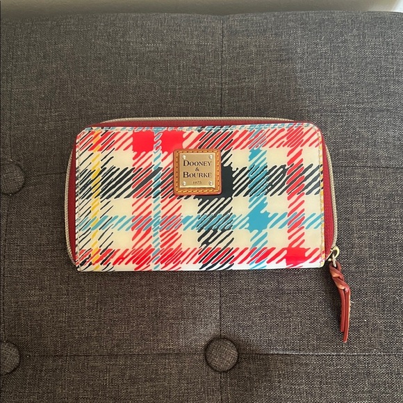 Dooney & Bourke Red and Blue vinyl Plaid Wallet - Picture 1 of 4